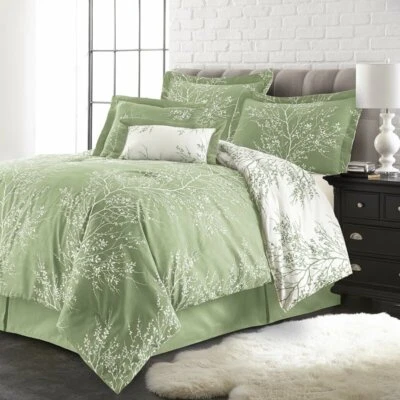 Sage Green White Nature Tree Branches Leaf 6 pc Comforter Set Queen King Bedding - Image 1 of 4