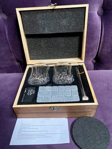 NWOT Whiskey Bourbon Wood Gift Box Set 2 Glasses 24 Rocks/Stones Tongs Coasters - Picture 1 of 14