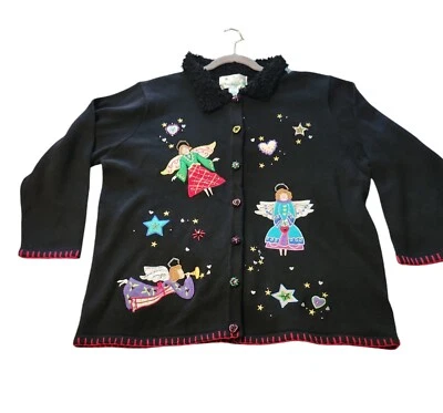 NWT Quacker Factory Christmas Sweater Womens PLUS 1X Cardigan Black Holiday - Image 1 of 4