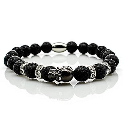 Lava Armband Bracelet Perlenarmband Totenkopf schwarz 8mm Edelstahl Strass - Bild 1 von 2