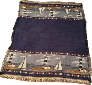 EUC Vtg Lighthouse Woven Tapestry Sailboat Seagulls Throw Blanket Nautical 45x55 - Picture 1 of 7