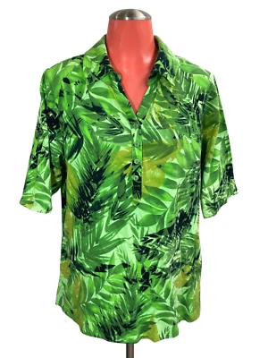 SUSAN GRAVER Verde Hojas de Palma Túnica Tejido Top L Boho Popover Tropical Foto 1 de 4