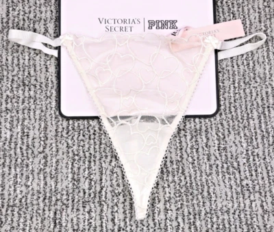 Calcinha Victoria's Secret Tease nova com etiquetas GG branca noiva corda V coração transparente arco - Imagem 1 de 4