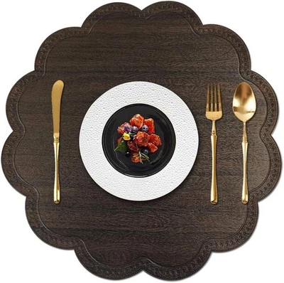 Round Waterproof Placemats Set of 6 Modern PU Washable Wood Black - Image 1 of 4