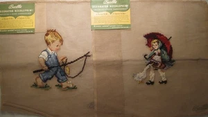2 Vintage Bucilla Dekorateur vorgearbeitete Nadelspitze Leinwand Junge und Mädchen 13" x 13" - Bild 1 von 6