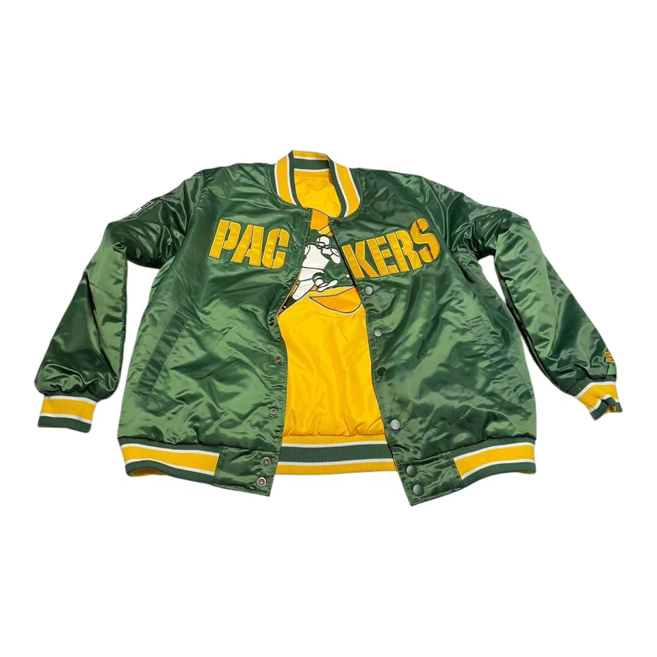 Starter Green Bay Packers Reversible Jacket Mens M NFL Faux Satin Bomber Retro - Image 1 of 4