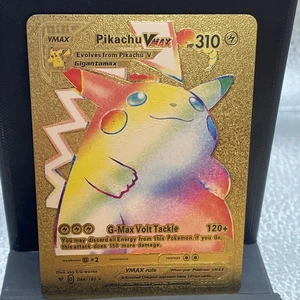 Pokémon Gold Foil Fan Art - Pikachu VMAX #044/185 - Rainbow Gold Card P2 - Picture 1 of 2