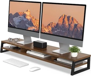 Fenge Dual Monitor Stand Riser 108cm Large Computer, TV Wooden Brown RRP £79.99 - Photo 1/9