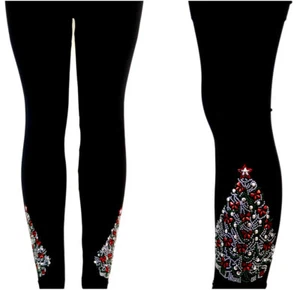 Regular One Size Yoga Legging Rhinestone Silver Christmas Red Bows Tree - Picture 1 of 6