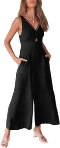 ANRABESS Damen Jumpsuits Sommer Weites Bein Ärmellos V-Ausschnitt Freizeit Elegant Leinen - Bild 1 von 26