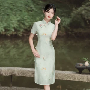 New Luxurious Satin Chinese Willow Green Floral Prints Dress Cheongsam Qipao - Picture 1 of 5
