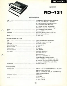GRABADORA DE CINTA DE CASETE MANUAL DE SERVICIO NÍTIDO DE COLECCIÓN, RADIO AM/FM MODELO RD-431 - Imagen 1 de 2