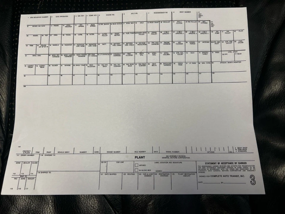 1970 CHEVROLET CAMARO CORVETTE CHEVELLE MONTE CARLO IMPALA NOVA BUILD SHEET - Image 1 of 1