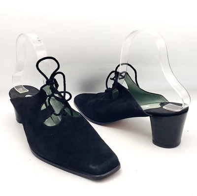Siegerson Morrison Mules 10 Black Suede Lace Up Square Toe Round Heels - Image 1 of 4