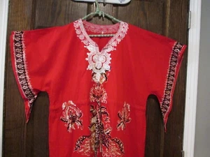 Vintage African Ethnic Dashiki Red Dress Embroidered Angle Wing Bell Sleeve Boho - Picture 1 of 9