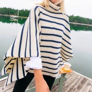 Tuckernuck Wool Sweater Poncho Pullover Turtleneck OS Cream Blue Stripe - Picture 1 of 6
