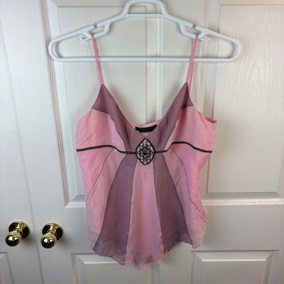 Para mujer BCBG Maxazria Y2K camiseta sin mangas de seda rosa negro con cuentas grande L pañuelo Foto 1 de 4