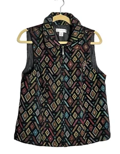 Christopher & Banks M Zip Front Collared Vest Front Pockets Black Multi Diamond - Picture 1 of 8