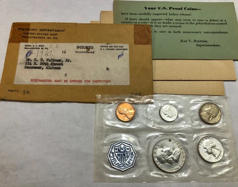 1960 5-coin US silver PROOF SET in original envelope. SMALL DATE CENT. #4 Cover