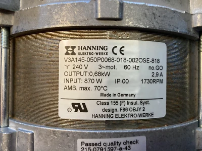 Hanning Elektro-Werke Motor  , V3A145-050P0068-018-0020SE-818, 1730 RPM, NEW - Image 1 of 4