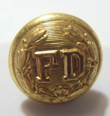 Antique 20 mm collector button gold tone metal Fire Department uniform 53457 - Image 1 of 4