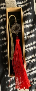 Chinese Bookmark Metal Red Tassel Gold Toned Blossom - Picture 1 of 6