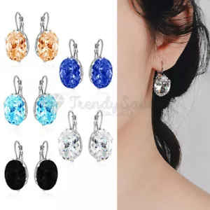 Trendy Sterling Silver Plated Crystal Drop/Dangle Oval Cubic Zirconia Earrings - Picture 1 of 72