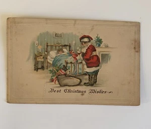 WEIHNACHTSMANN ROTES GEWAND IM SCHLAFZIMMER SPIELZEUG BETT VINTAGE WEIHNACHTEN POSTKARTE - Bild 1 von 6