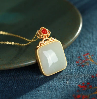 B23 Collana Vintage Quadrato Bianco Giada Rotondi Agata Argento Sterling 925 Oro - Immagine 1 di 4