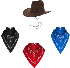 1x Brown Cowboy Hat with Paisley Bandana Wild West Western Sheriff Fancy Dress - Picture 1 of 11
