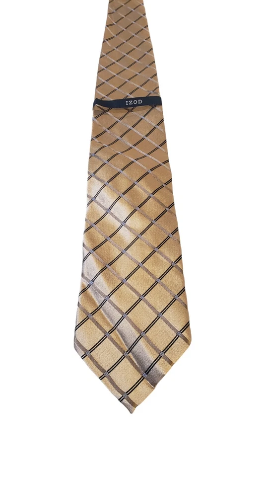 全新带标签 Izod 设计师丝绸领带金色黑色几何格子十字纹 — 第 1/4 张图片