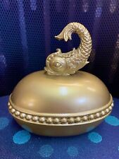 Antique LARGE Egg Art Deco Gold Dolphin Fish Koi Lidded Soap Trinket Pot Dish