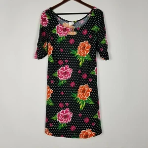 Allison Brittney Women's Dress Size M Black Floral Polka Dot Stretchy Keyhole - Picture 1 of 5