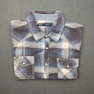 Buckle BKE Shirt Mens Large Gray Plaid Pearl Snap Western Athletic Flannel Work - Picture 1 of 11