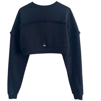 ALO Yoga City Cropped Sweatshirt Sz S Black Boxy Sherpa Trim Long Sleeve Gym - Image 1 of 4