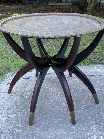 Vtg 1960's Moroccan Spider Brass Table Folding Wood Round 22.25" MCM Tray Cover