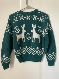 Obermeyer Junior Size 14 Christmas Green and White Reindeer Knit Will Blend Swea - Picture 1 of 3