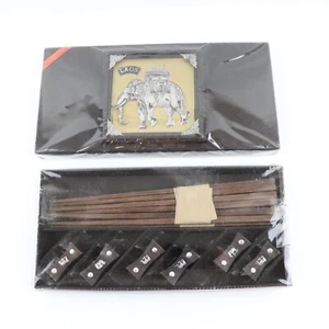Laos Elephant Set of 6 Brown Wood Chopstick with Rest Stand - Bild 1 von 6