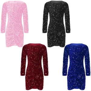 Kids Girls Dress Sequin Gown Velvet Skirt Formal Front Ruched Bodycon Clubwear - Picture 1 of 49