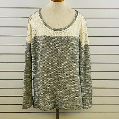 Womens XXL Maurices Sweater Sheer Boucle Knit Lace Trim Green Ivory Pullover - Image 1 of 4