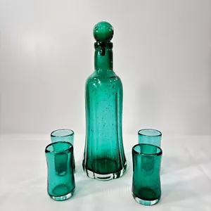 Murano Glass Modernist Green Gold Fleck Whisky Decanter Set With 4 Glasses - Picture 1 of 14