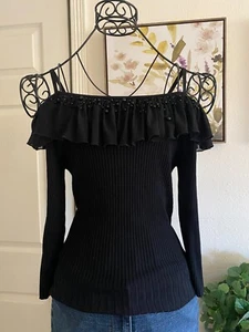 Carducci Womens Black Knit Beaded Off Shoulder Sheer Ruffle Sweater Blouse Small - Picture 1 of 4