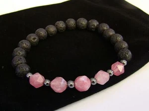 Women Gemstone Beaded Bracelet Black Lava Pink Rose Quartz + Velvet Bag Gift - Picture 1 of 3