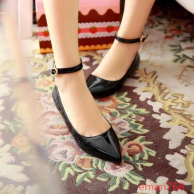 Women Ankle Strap Flat Heels Candy Color Shoes Pointed Toe Patent Leather Pumps - Image 1 of 4