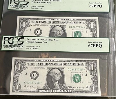 Rare 2 Consectutive 1969A $1 Star Note Philadelphia PCGS 67 PPQ Superb Gem Unc - Image 1 of 3