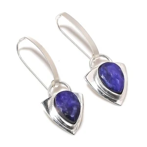 Sapphire Lab-Created Gemstone Handmade 925 Sterling Silver Jewelry Earrings - Picture 1 of 5