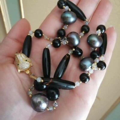 Collana corallo naturale Nero, Perle, labradorite, Argento Dorato 925 - Immagine 1 di 4