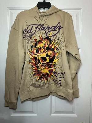 Size M Ed Hardy Mens Hoodie Khaki Brown Pullover Exploding Skull Graphic NEW - Image 1 of 3