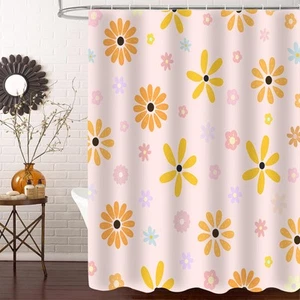 Pink Floral Shower Curtain Set, Cute Daisy Flower Girly Shower Curtain with H... - Picture 1 of 7