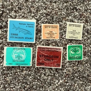 6 Washington State 1988-1993 Sturgeon Revenue Tax License Fishing Stamps Mint - Bild 1 von 8
